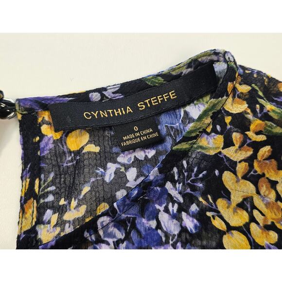 Cynthia Steffe Blue Yellow Floral Cold Shoulder Bell Sleeve ruffle dress size 0 - Picture 5 of 7